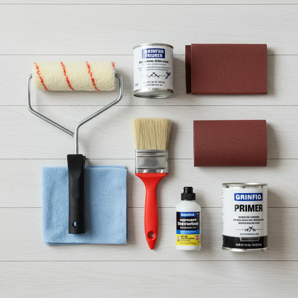 Vue de dessus du matériel complet pour repeindre un meuble IKEA : rouleau velours, pinceau fin, chiffon microfibre, dégraissant, papier abrasif et sous-couche