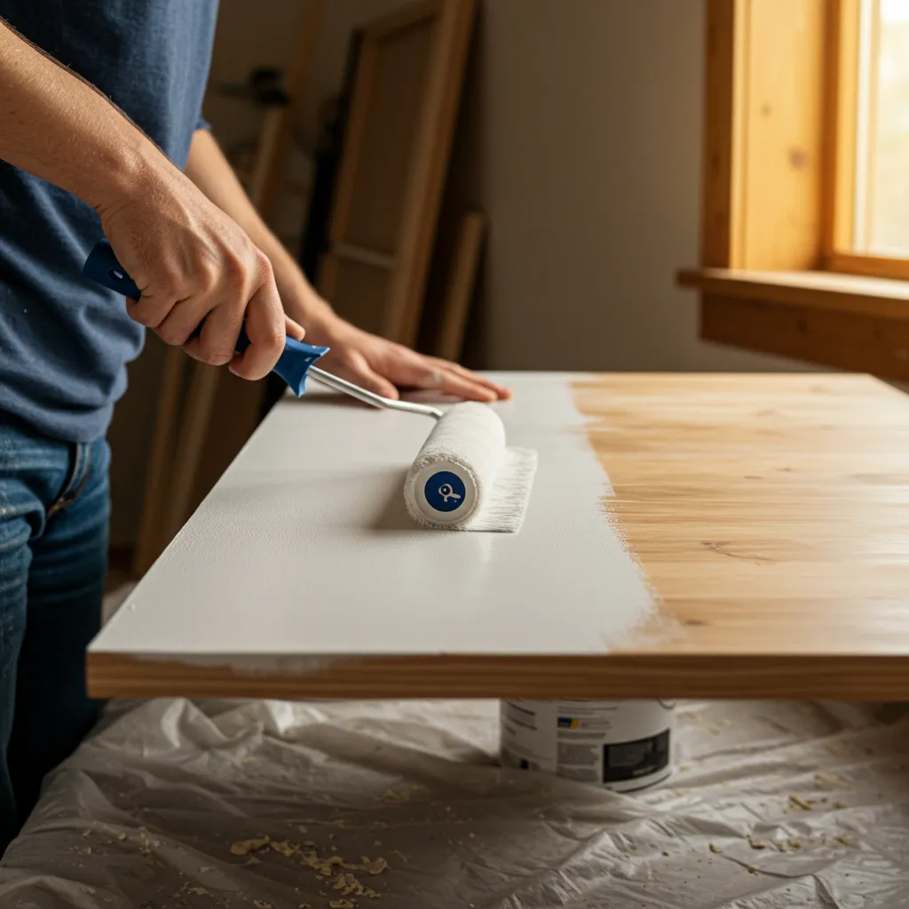 Application d'une couche de peinture blanche mate sur un panneau de meuble IKEA en bois clair avec un rouleau velours