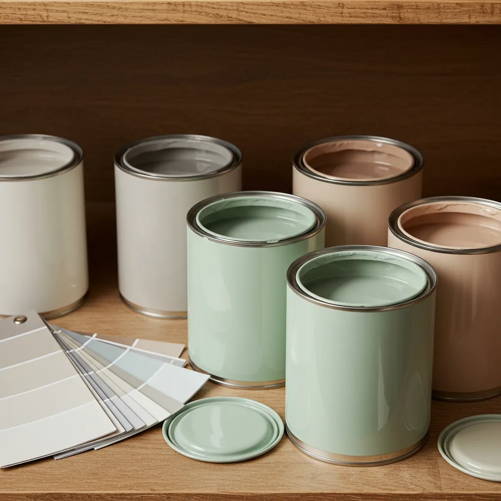 Sélection de peintures pour meubles en tons neutres et pastels avec des échantillons de couleurs pour repeindre un meuble IKEA