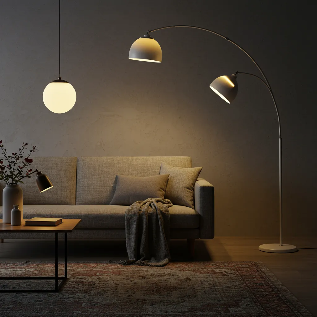 Salon illustrant les trois couches de lumière superposées : éclairage diffus, direct et indirect