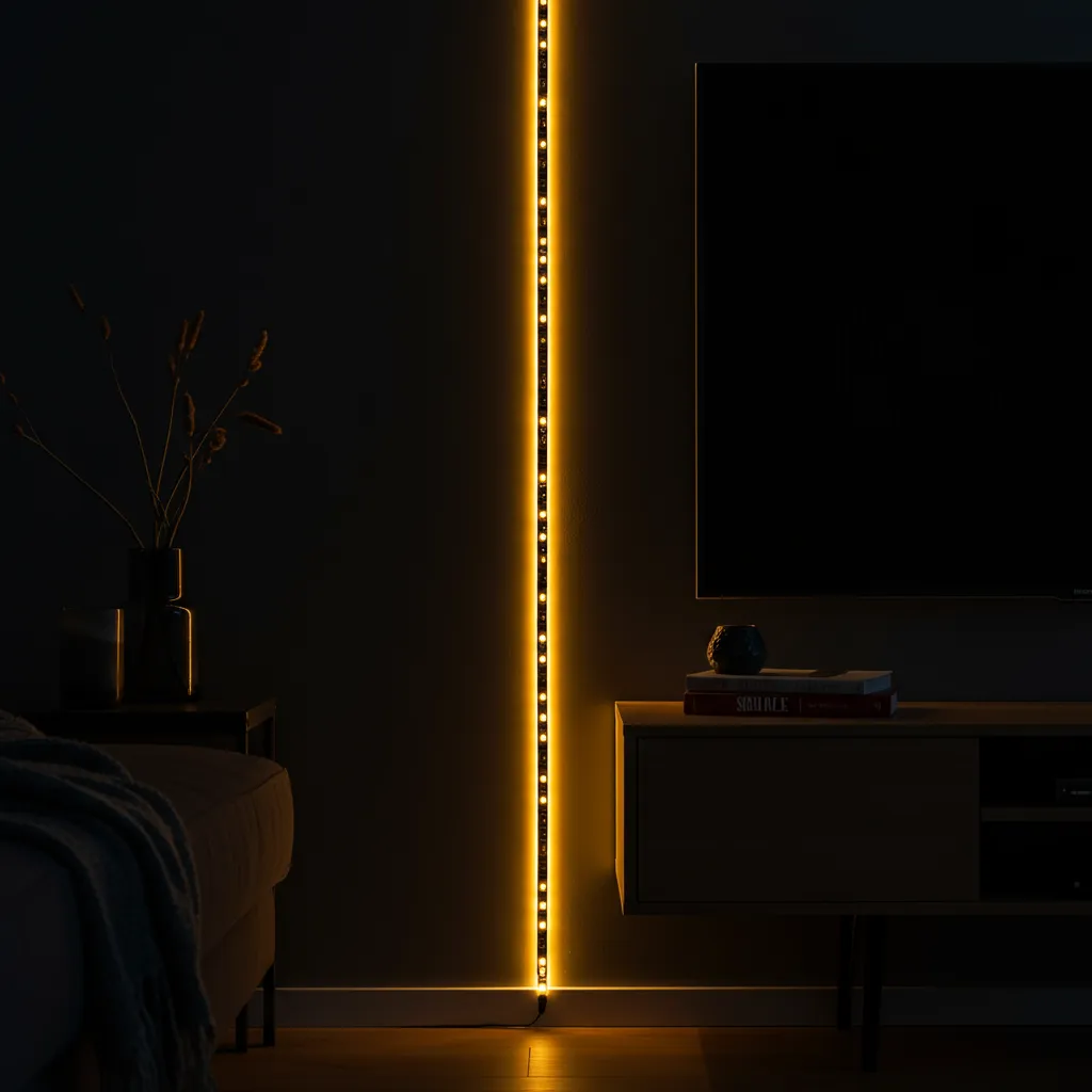 Bande LED dissimulée derrière un meuble TV projetant une lumière indirecte sur le mur