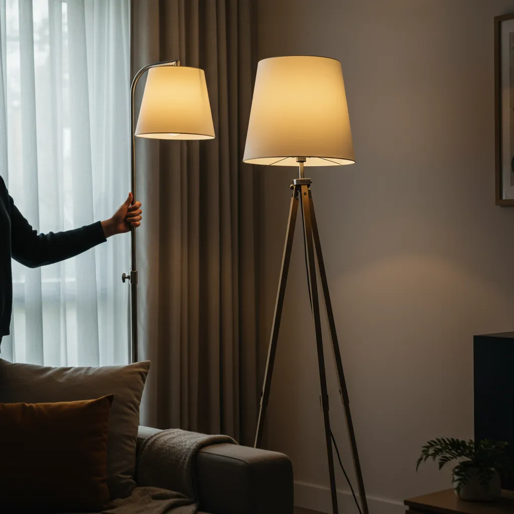 Installation d'un lampadaire orienté vers le plafond dans un coin de salon pour créer un éclairage indirect