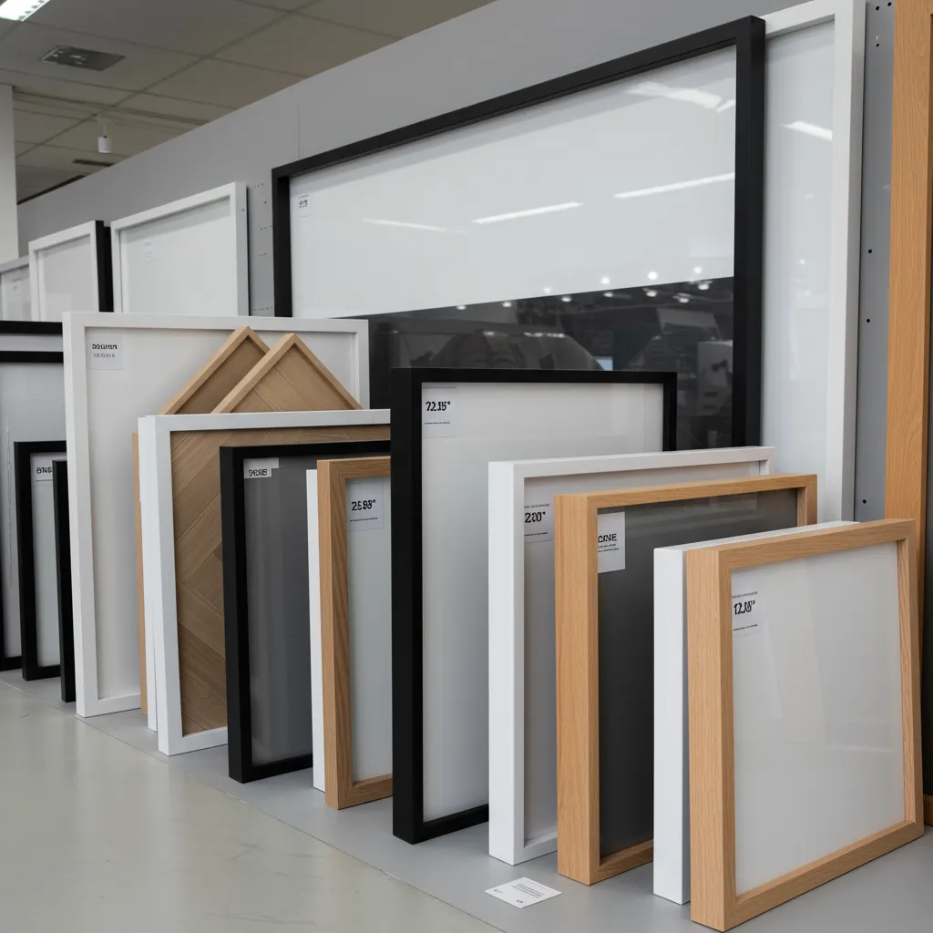 Comparatif de cadres photo grand format de différentes enseignes présentés côte à côte dans un magasin de décoration