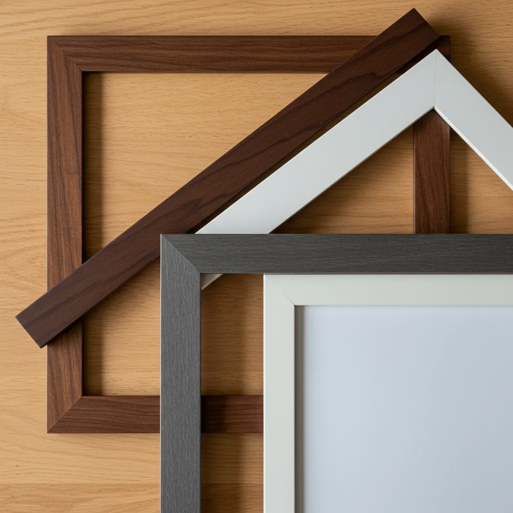 Gros plan comparatif de cadres photo grand format en bois, aluminium et plastique posés sur une table en bois clair
