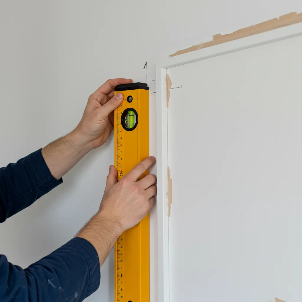 Mains utilisant un niveau à bulle pour accrocher seul un cadre photo grand format sur un mur blanc