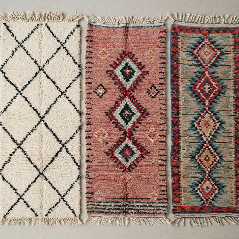 Comparaison de trois tapis berbères marocains côte à côte : Beni Ouarain ivoire et noir, Azilal coloré et Kilim plat