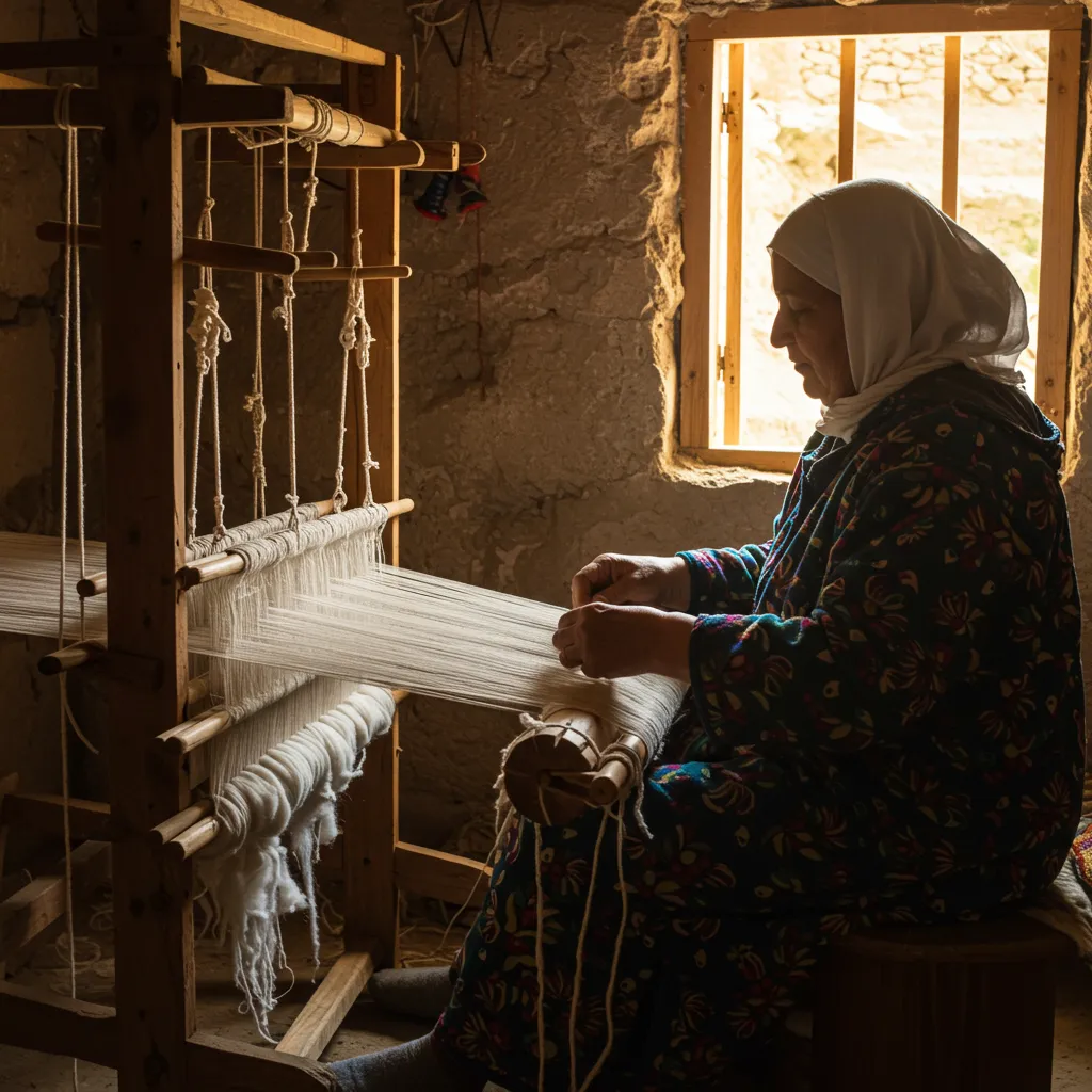 Artisane berbère tissant un tapis Beni Ouarain sur un métier à tisser traditionnel en bois dans un atelier du Moyen-Atlas marocain