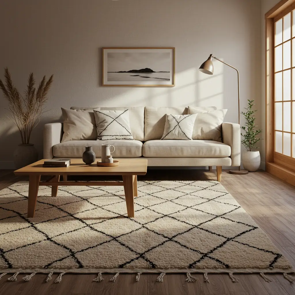 Tapis Beni Ouarain authentique en laine épaisse ivoire et noire dans un salon de style Japandi minimaliste et chaleureux