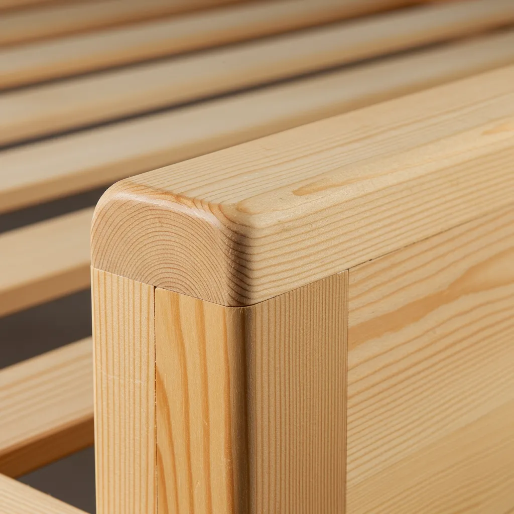 Détail des assemblages et bords arrondis d'un lit cabane Montessori en bois massif naturel
