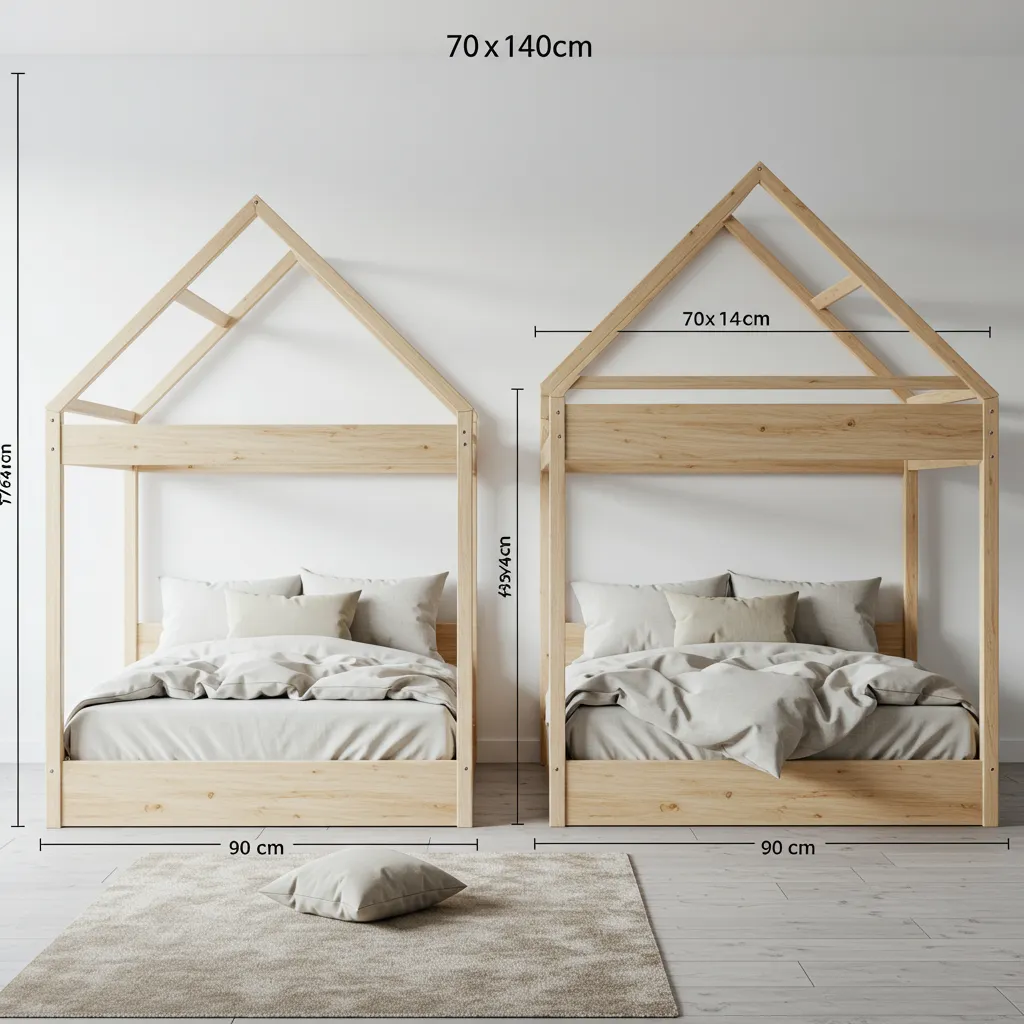 Comparaison de deux modèles de lit cabane Montessori en différentes dimensions dans une chambre d'enfant