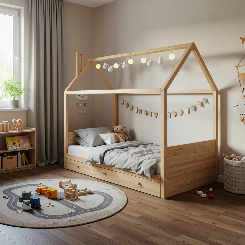Chambre d'enfant Montessori sécurisée avec lit cabane bas installé contre le mur et espace de jeu au sol