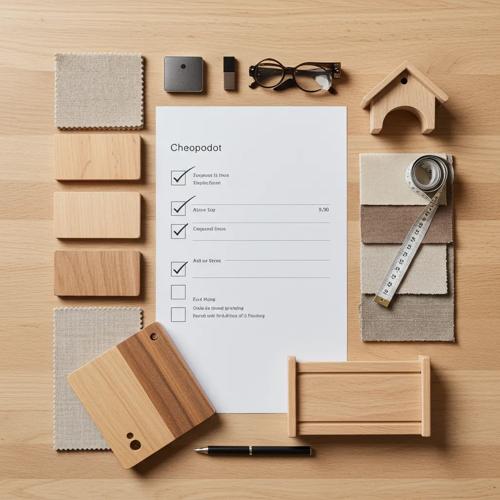 Vue de dessus des critères de sélection d'un lit cabane Montessori avec échantillons de bois et matériaux