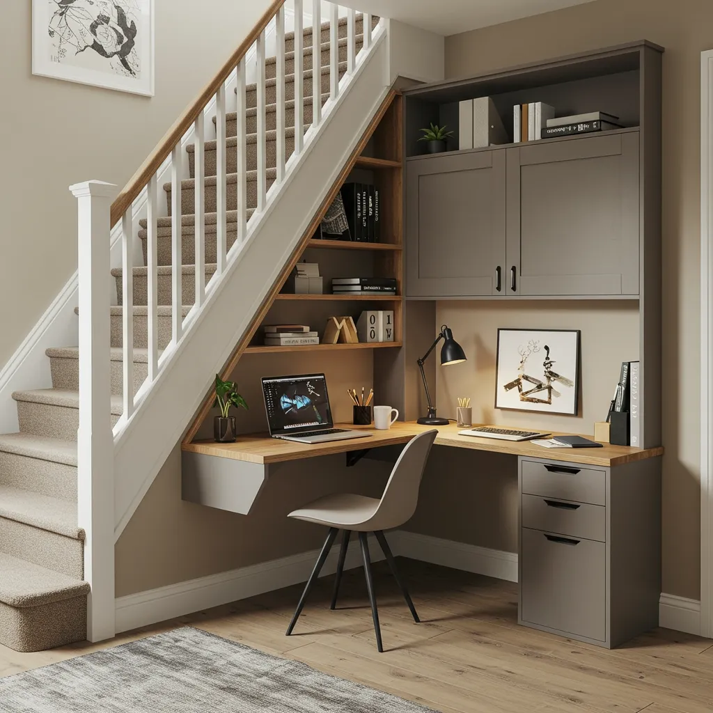 Cinq configurations de bureau d'angle sous escalier dans un intérieur contemporain