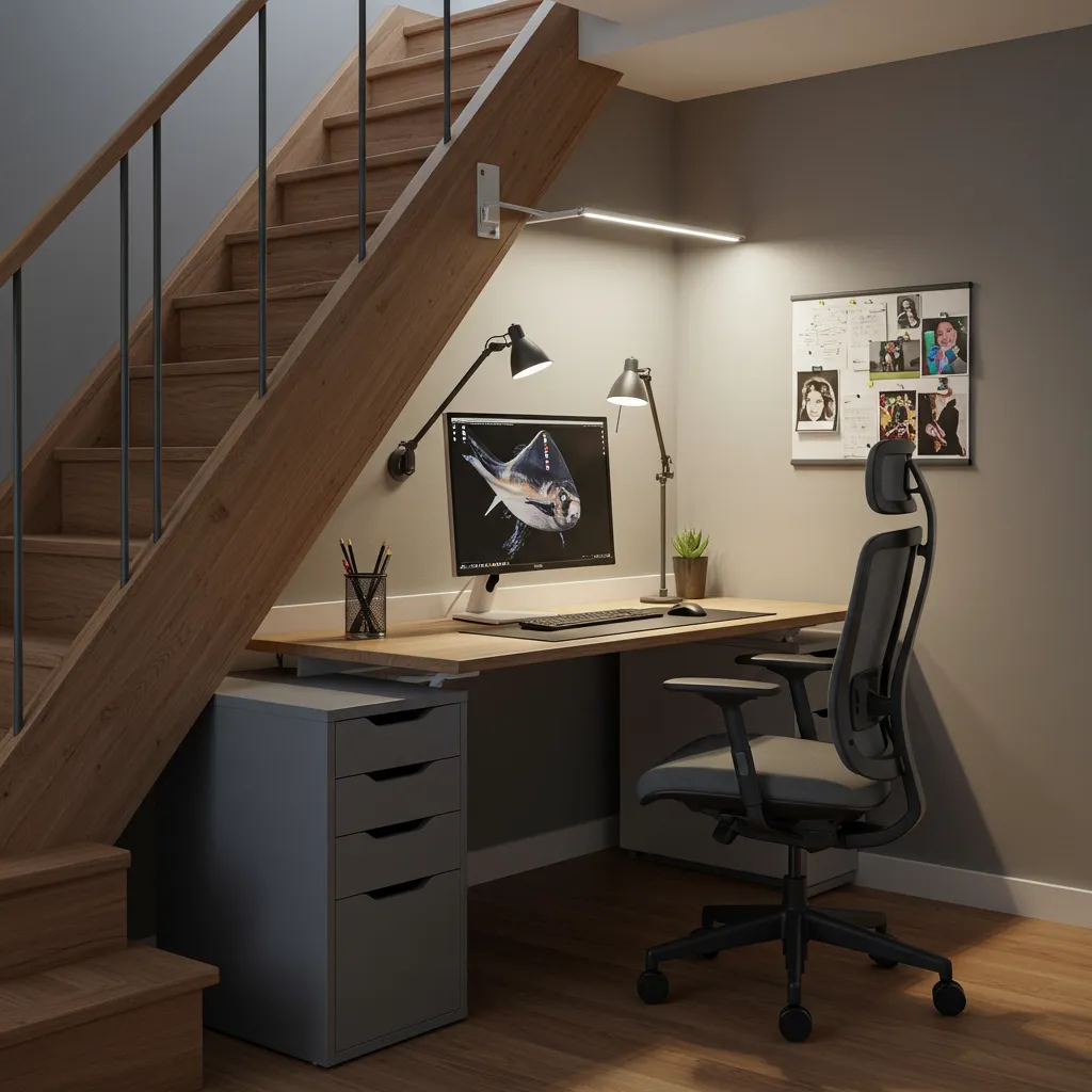 Éclairage LED et aménagement ergonomique d'un bureau sous escalier avec chaise réglable