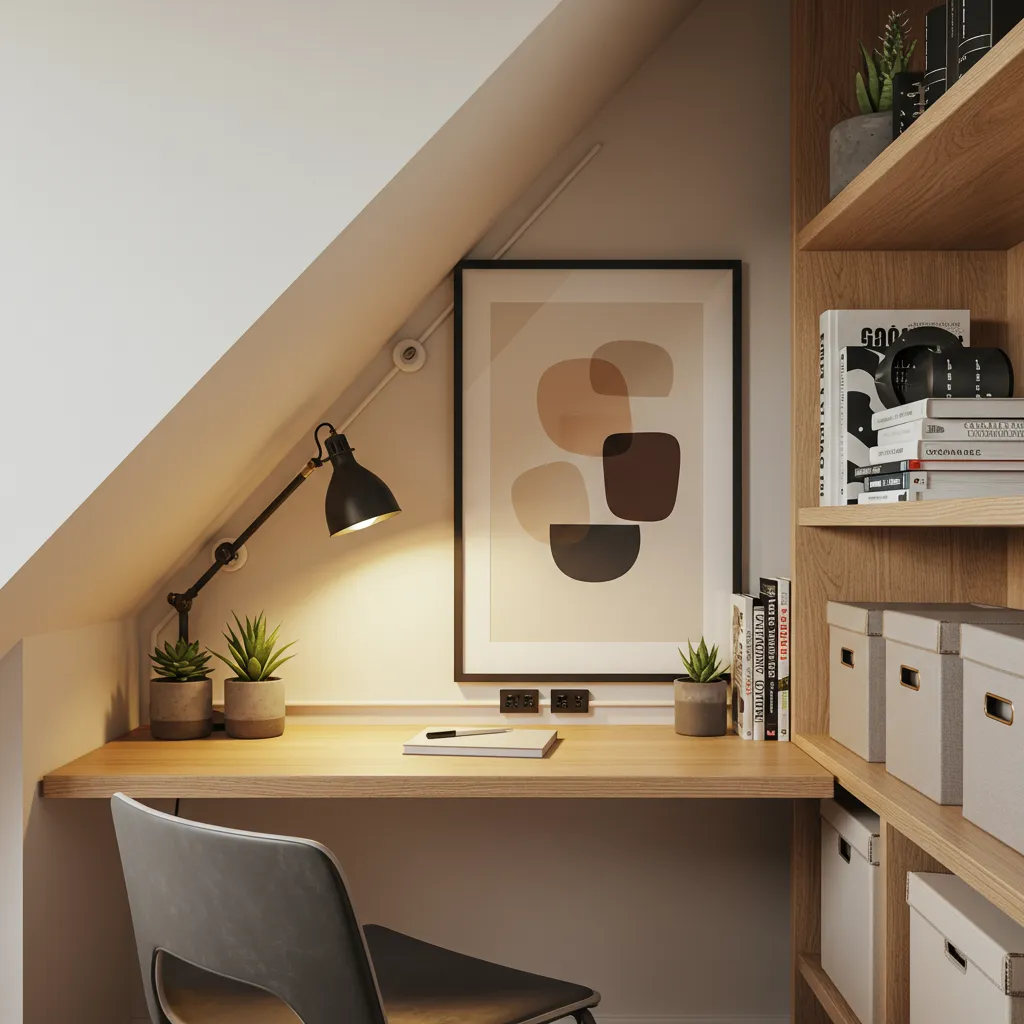 Gestion des câbles et décoration personnalisée d'un bureau d'angle sous escalier