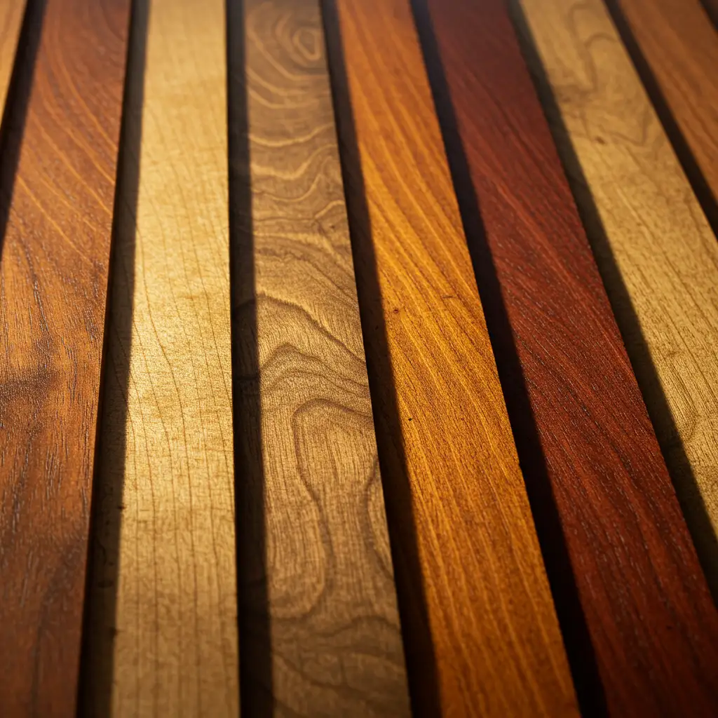 Échantillons comparatifs de différentes essences de bois exotique pour mobilier de jardin : teck, ipé, garapa, padouk