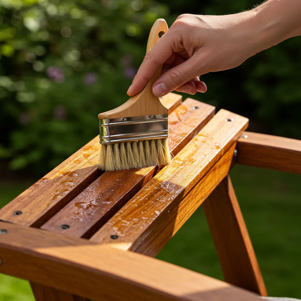 Application d'huile protectrice sur un mobilier de jardin en bois exotique lors de l'entretien annuel printanier