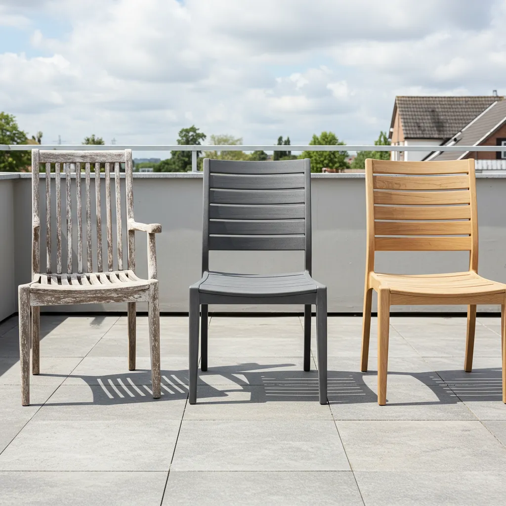 Comparaison côte à côte d'un mobilier de jardin en bois exotique, en composite et en bois résineux traité après plusieurs années d'utilisation
