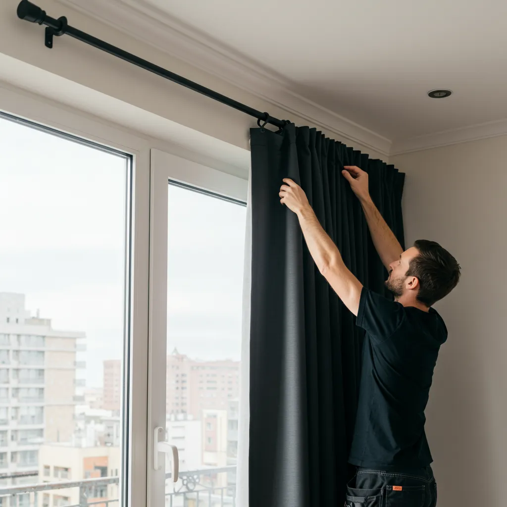 Installation d'un rideau occultant thermique sur une tringle au-dessus d'une fenêtre, vue de la pose et de la structure multicouche du tissu