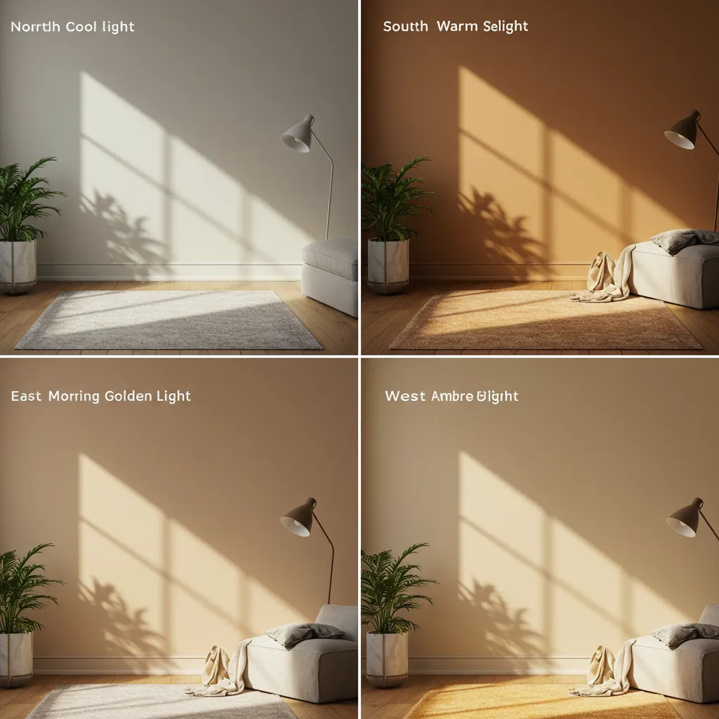 Comparaison de l'effet de la lumière naturelle sur une même couleur de mur selon les quatre orientations cardinales
