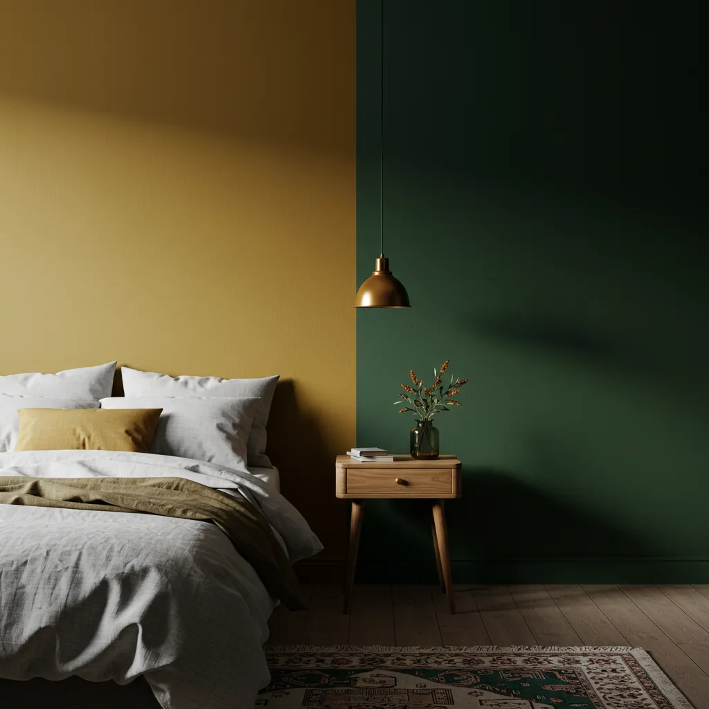Chambre orientée nord illustrant deux stratégies de couleur de mur : teinte chaude ocre dorée versus couleur soutenue vert profond