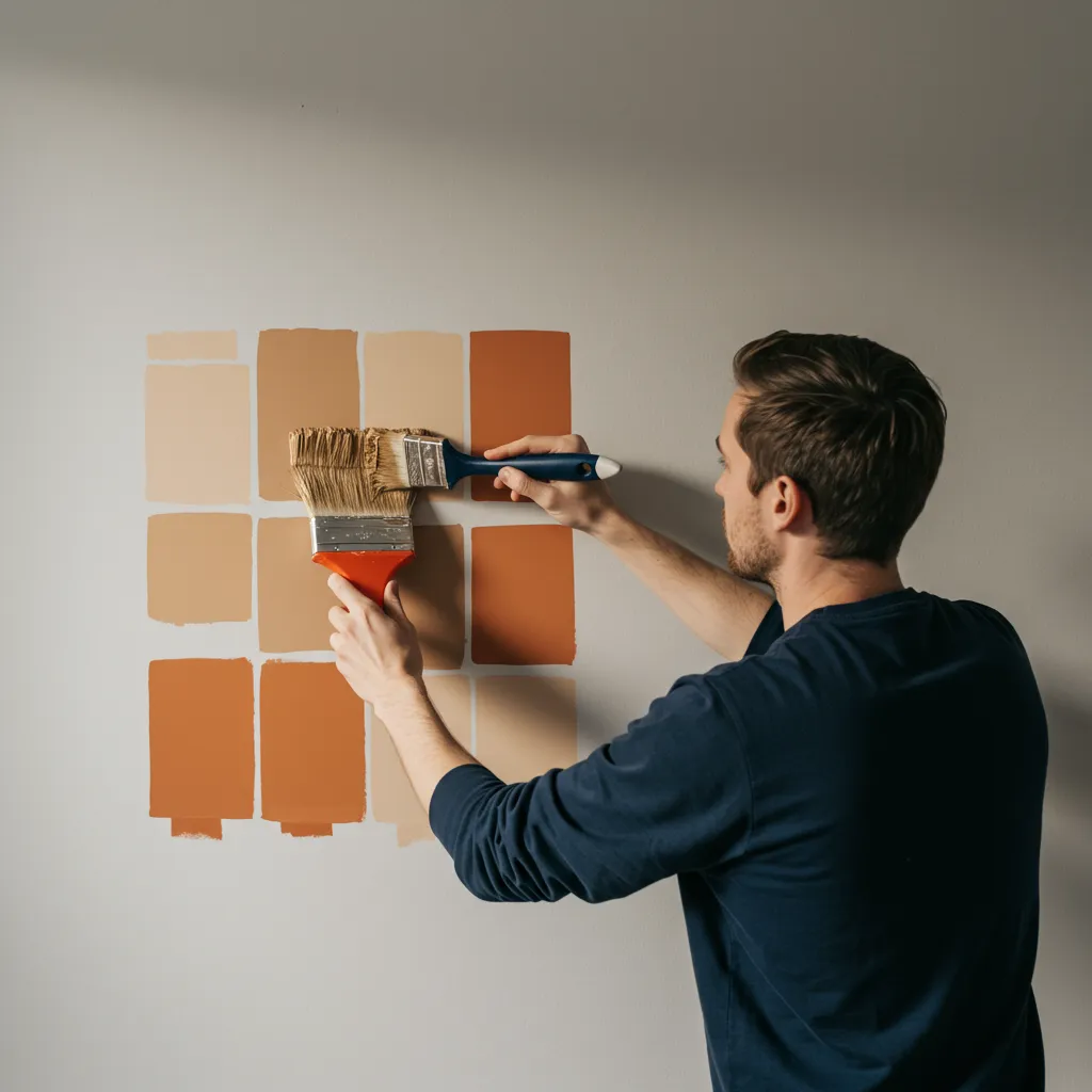 Application d'échantillons de peinture sur un mur exposé au nord pour tester les couleurs à la lumière naturelle froide