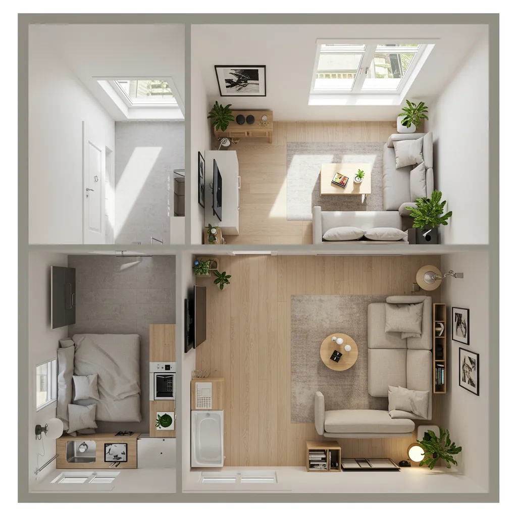 Plan d'agencement en longueur d'un studio de 25 m² avec trois zones distinctes : cuisine, vie commune et coin bureau