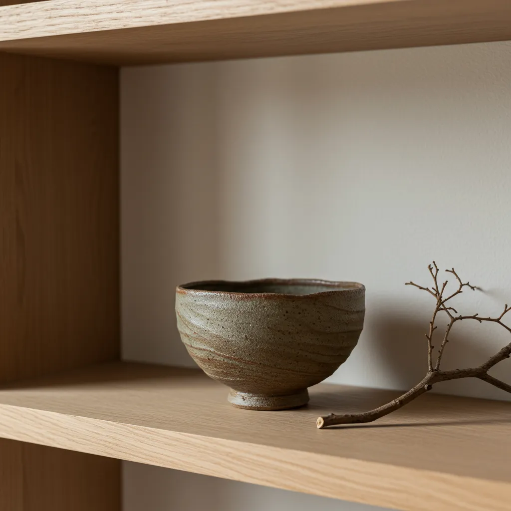 Détail wabi-sabi d'un coin Japandi avec bol en céramique irrégulière et branche séchée sur étagère en chêne clair