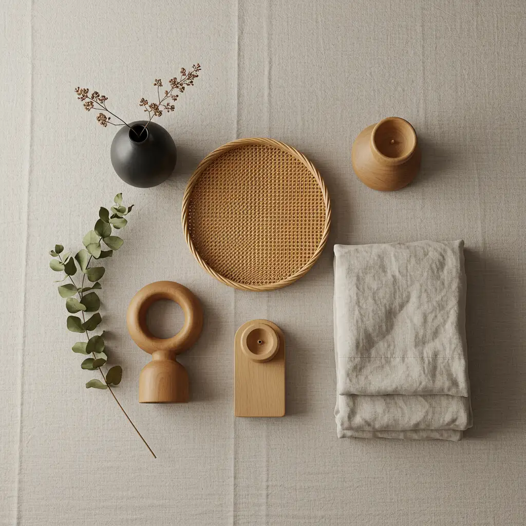 Vue de dessus de cinq accessoires déco Japandi sélectionnés : vase céramique, plateau rotin, coussin lin, bougeoir bois et eucalyptus séché