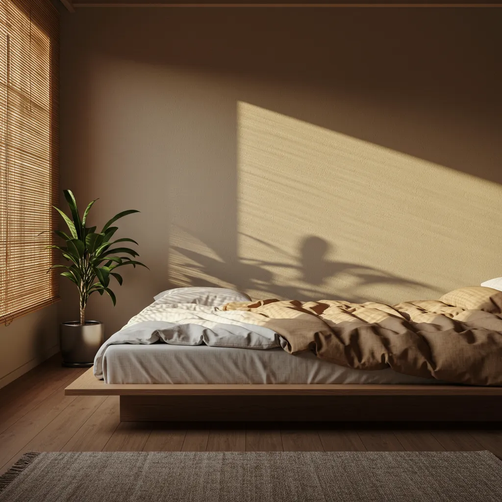 Chambre Japandi minimaliste avec lit en bois bas, linge de lit en lin naturel et lumière dorée de fin de journée