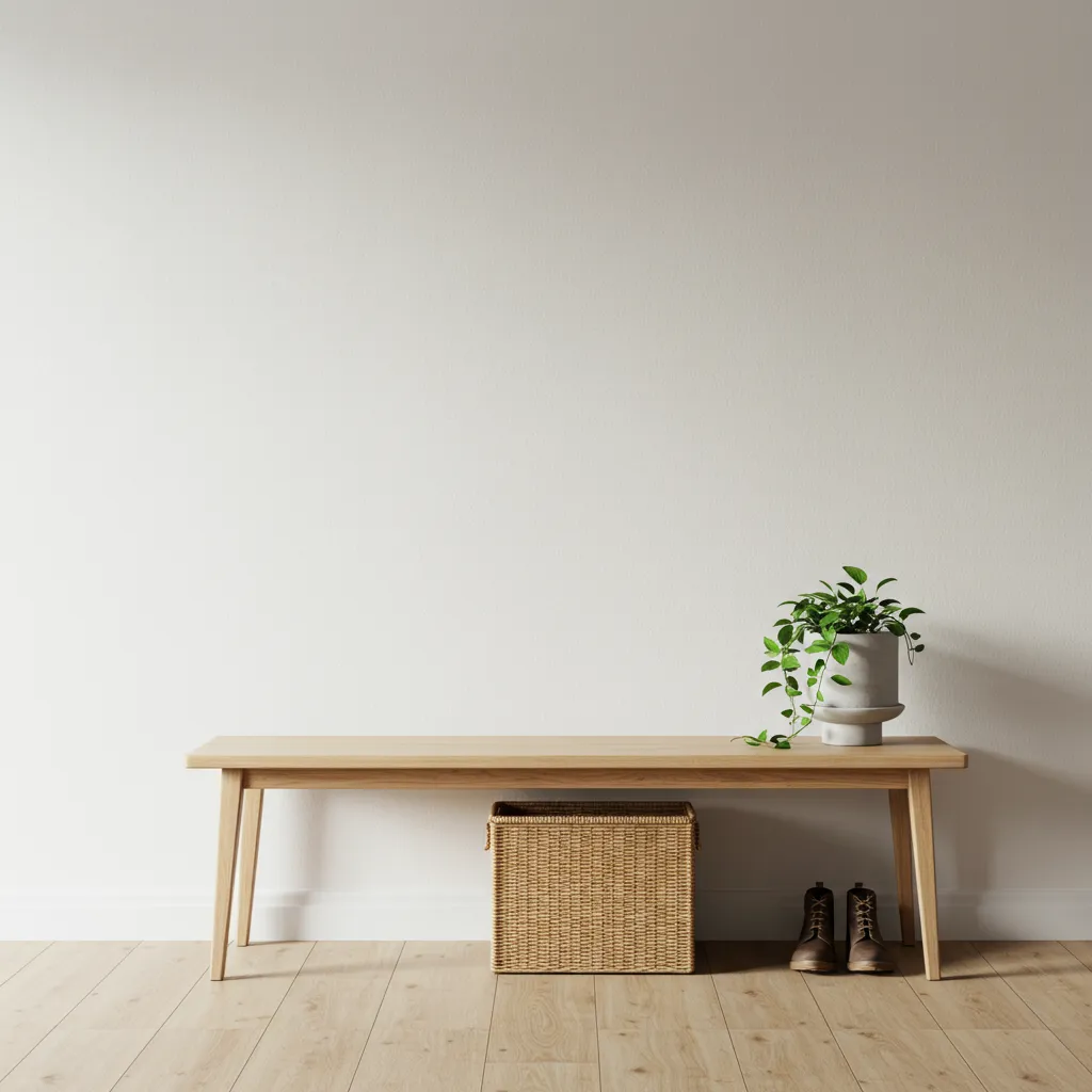 Entrée Japandi épurée avec banc en bois, panier en rotin et plante verte, point de départ concret pour adopter le style