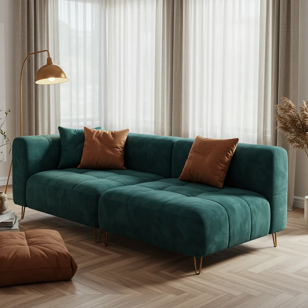 Canapé modulable en velours côtelé dans un salon minimaliste, représentant les best-sellers La Redoute Intérieurs comme le Seven ou le Topim