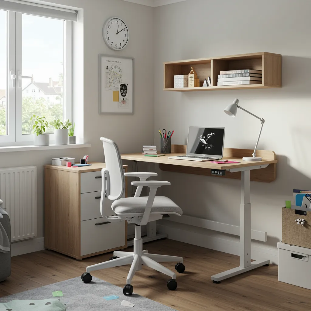 Bureau réglable en hauteur et chaise ergonomique pour enfant dans un coin étude bien éclairé avec rangements modulables