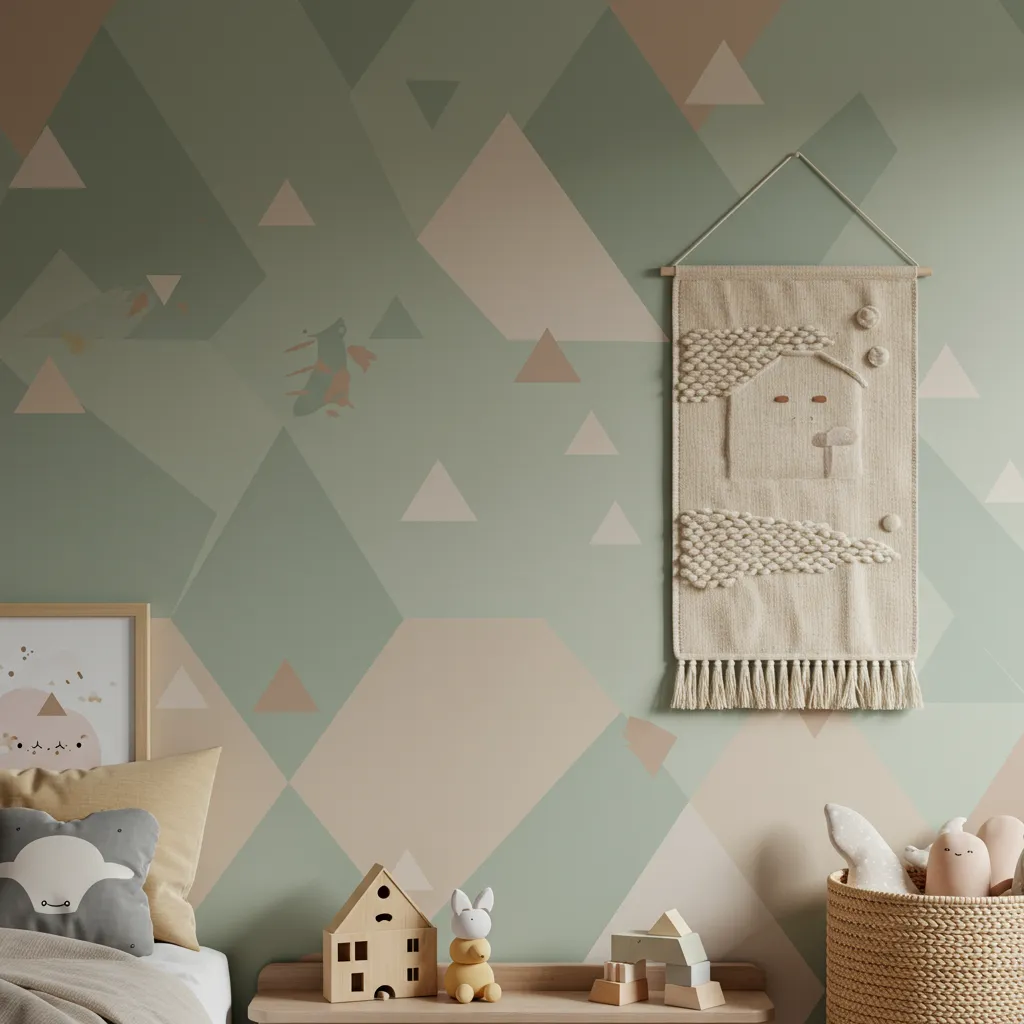 Décoration murale évolutive pour chambre d'enfant avec stickers amovibles géométriques et textile mural en tons neutres