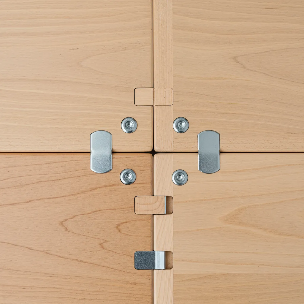 Détails de fixations et assemblages sécurisés d'un meuble en bois massif certifié pour chambre d'enfant évolutive