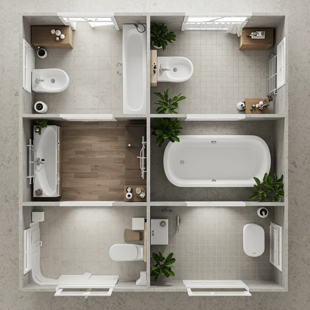 Vue de dessus illustrant quatre configurations d'agencement possibles pour une salle de bain de 4 m² selon la forme de la pièce