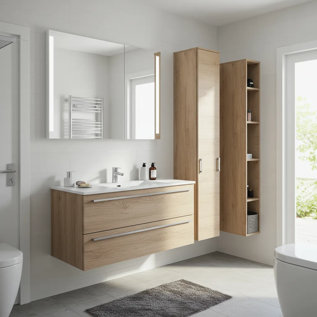 Salle de bain compacte transformée avec meuble vasque suspendu, paroi vitrée et grand miroir pour agrandir l'espace visuel