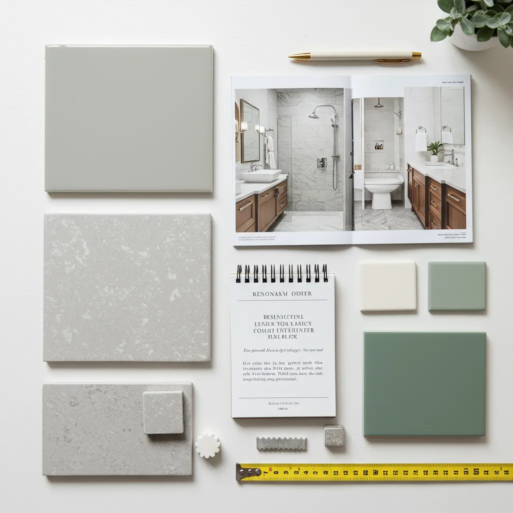 Matériaux et échantillons de rénovation pour une salle de bain de 4 m² représentant les différents niveaux de budget disponibles