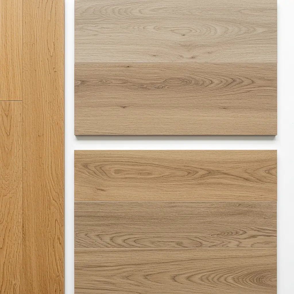 Échantillons de carrelage imitation parquet et de parquet massif chêne côte à côte pour comparaison des matériaux
