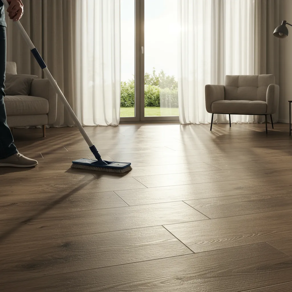 Entretien facile d'un sol en carrelage imitation parquet dans un séjour avec serpillière humide