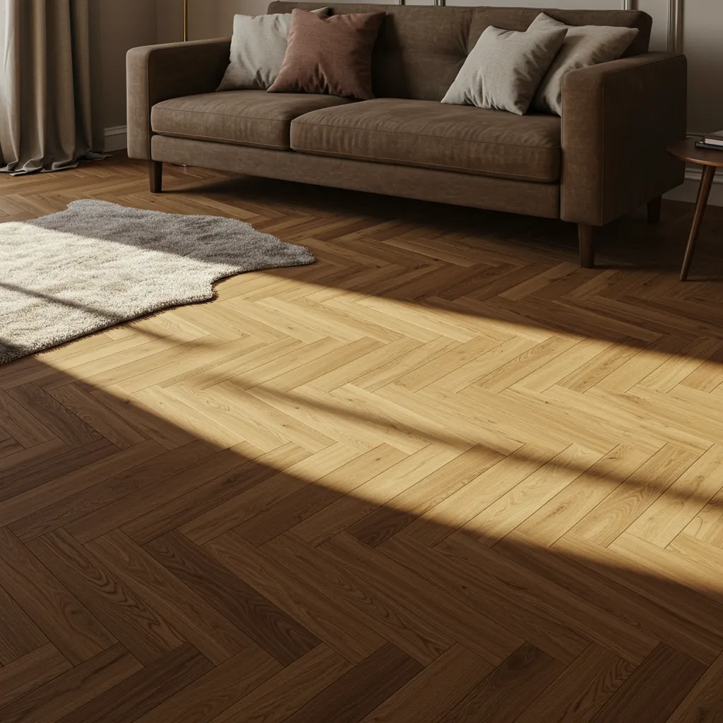 Parquet massif chêne en point de Hongrie dans un séjour chaleureux et élégant valorisant l'authenticité du bois