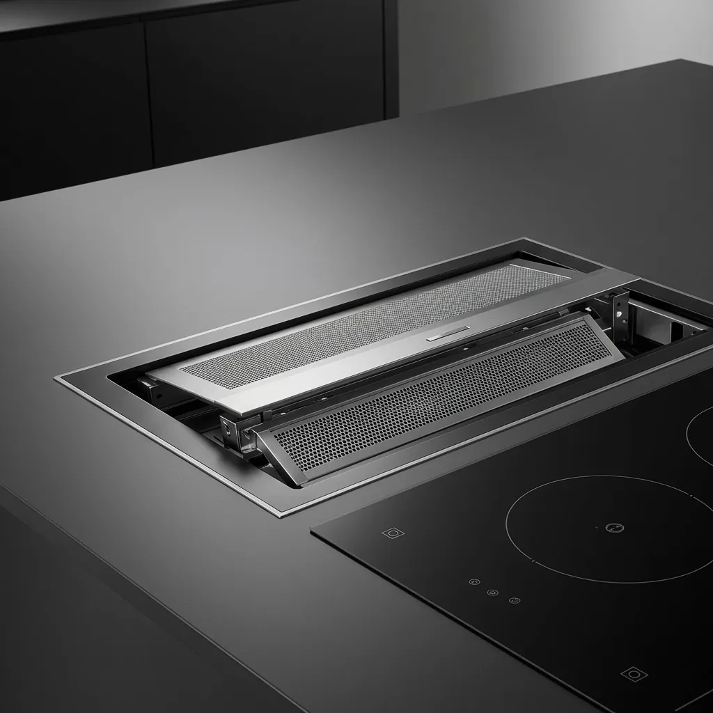 Plaque aspirante intégrée au plan de cuisson sur un îlot de cuisine ouvert, solution invisible pour l'extraction des vapeurs