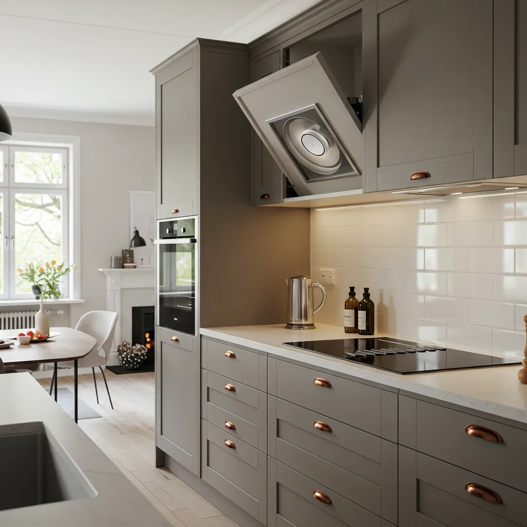 Hotte dissimulée dans un meuble haut de cuisine ouverte, invisible depuis le salon, avec conduit d'évacuation intégré