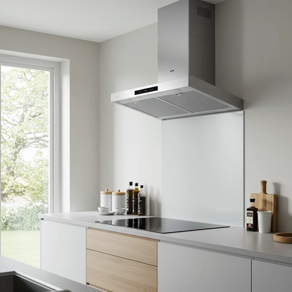 Hotte escamotable motorisée sortant du plan de travail d'une cuisine ouverte moderne, solution discrète pour l'extraction sans hotte suspendue