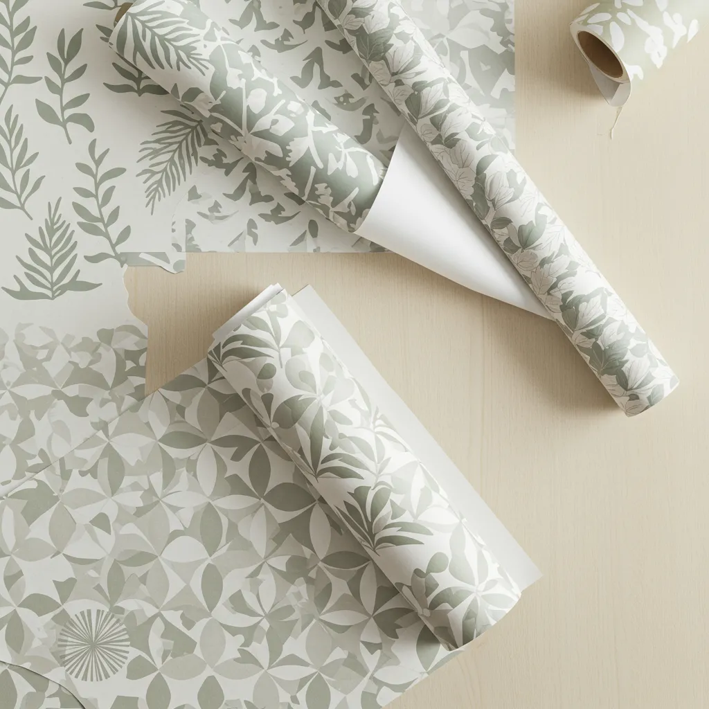 Rouleaux de papier peint autocollant amovible Peel and Stick présentant différents motifs, vus de dessus sur une surface en bois clair