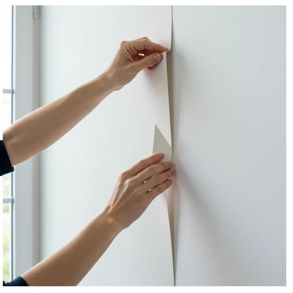 Retrait sans dommage d'un papier peint amovible d'un mur blanc lisse, montrant la surface intacte en dessous
