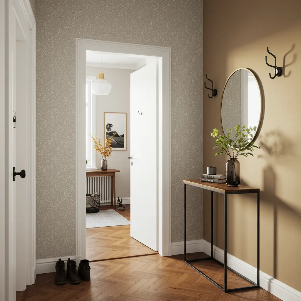 Entrée de locataire entièrement transformée avec un papier peint amovible à motif géométrique sur un mur accent, vue d'ensemble lumineuse et chaleureuse