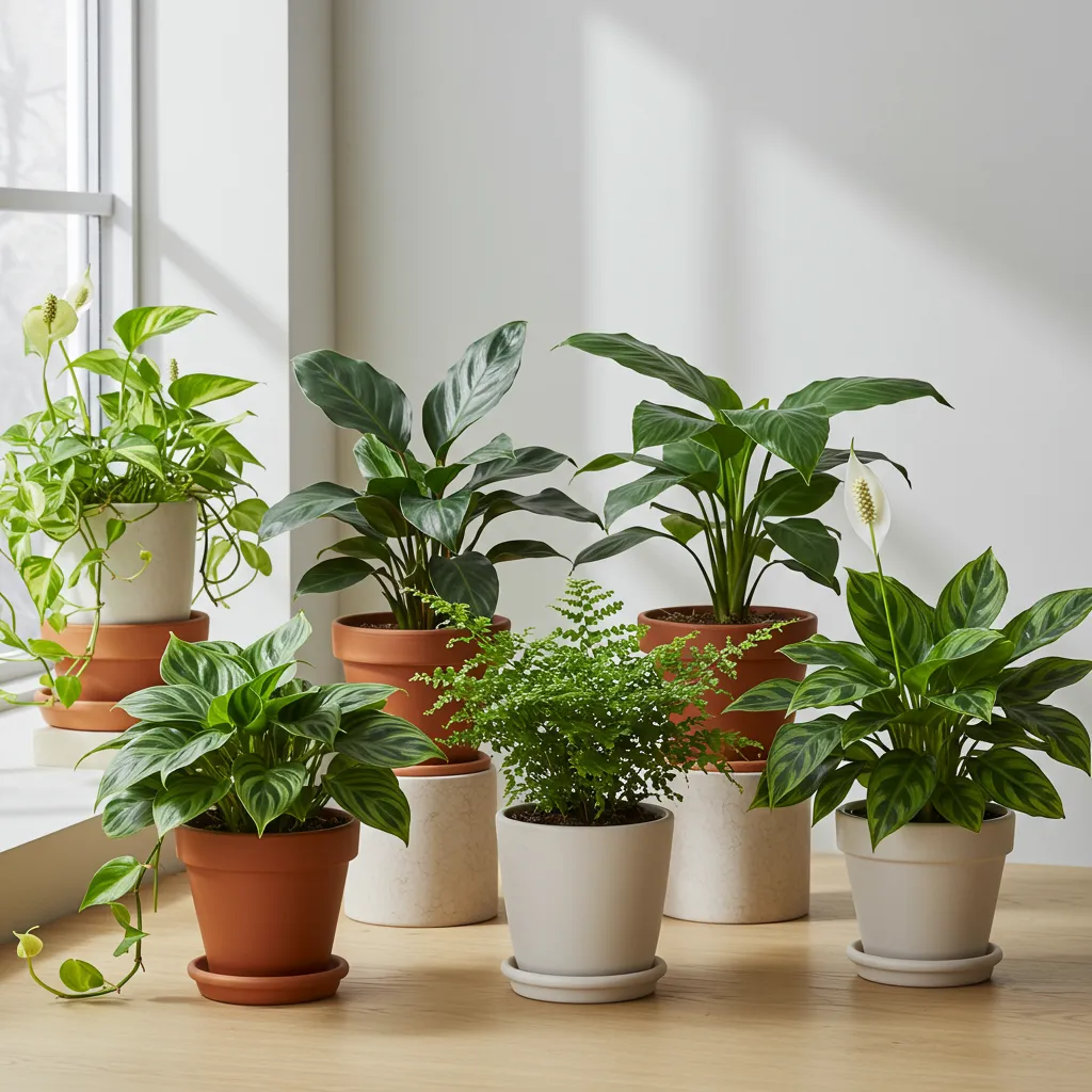 Les six plantes d'intérieur recommandées pour exposition nord alignées sur une surface en bois, incluant pothos, calathea, aspidistra, spathiphyllum, fougère et aglaonema