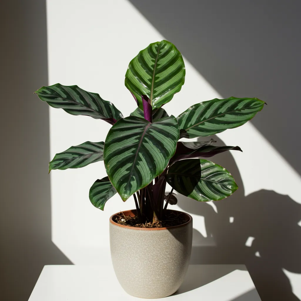 Gros plan sur les feuilles graphiques bicolores d'un calathea aux motifs géométriques verts et violets dans un pot en céramique mate