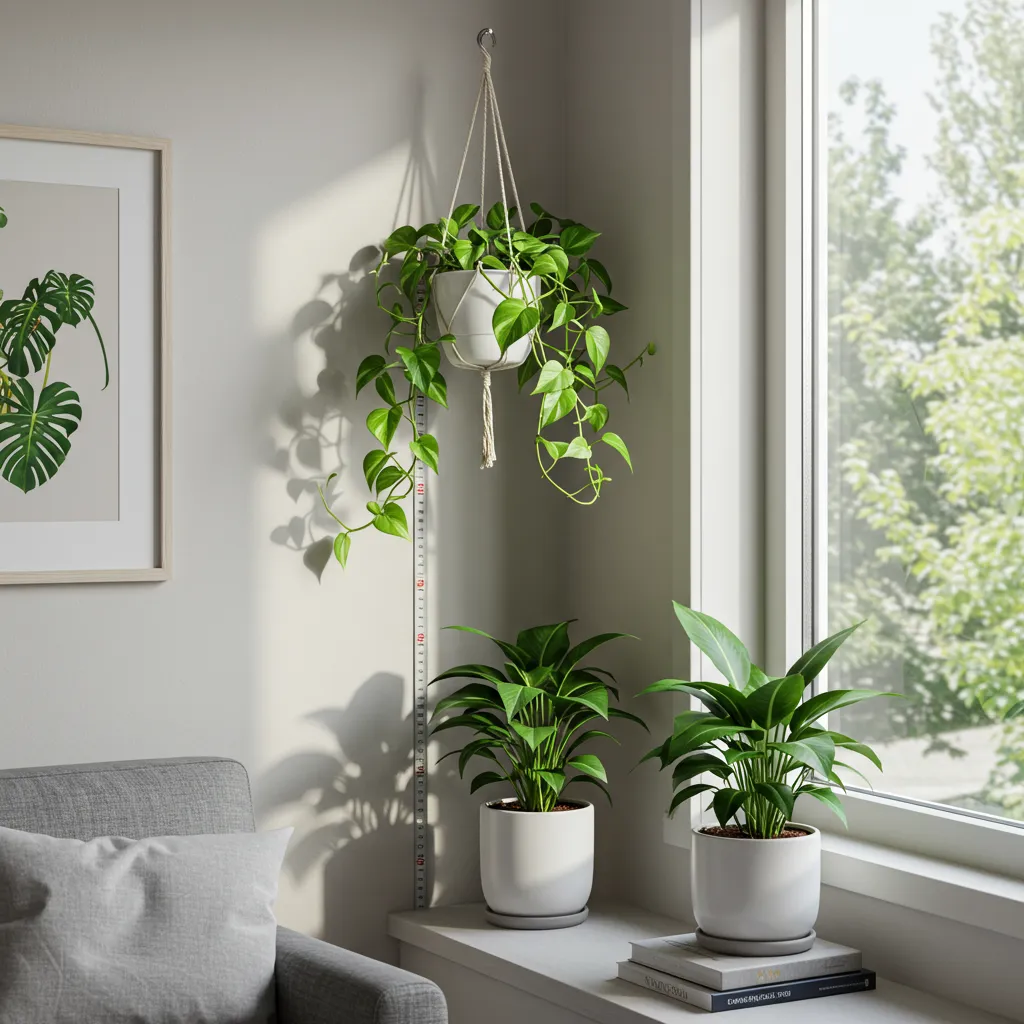 Coin d'appartement nord montrant le positionnement idéal des plantes d'intérieur à moins de 50 cm d'une fenêtre pour maximiser la lumière indirecte